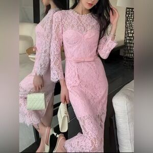 Self-Portrait Pink Lace Long Sleeve Dress